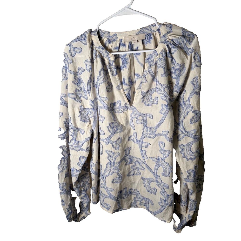 LOFT Blouse Women's Large Embroidered V-Neck Casual Boho Shirt Top Artsy